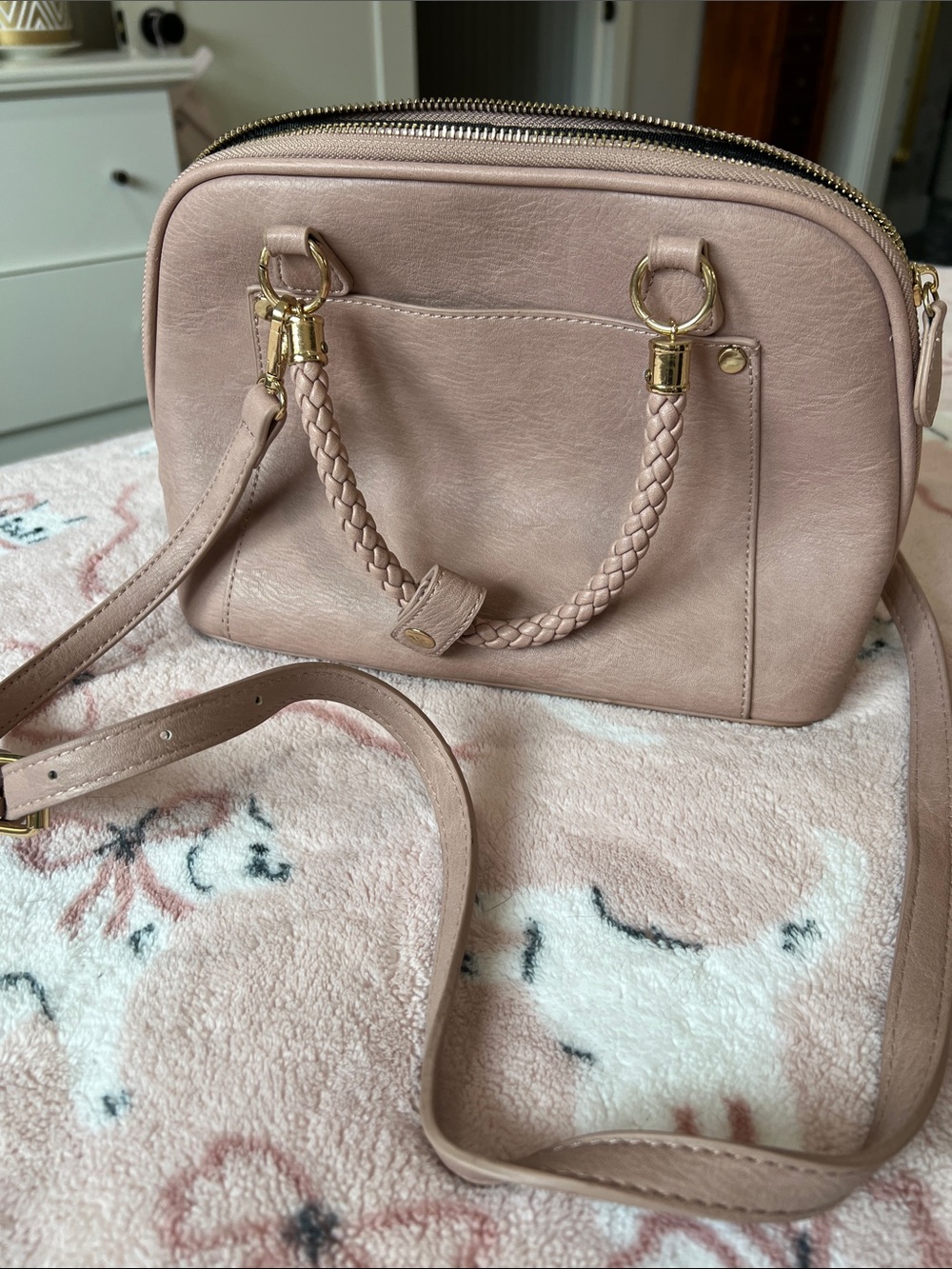 Madison West Blush Pink Braided Handle Crossbody Bag with Gold Hardware